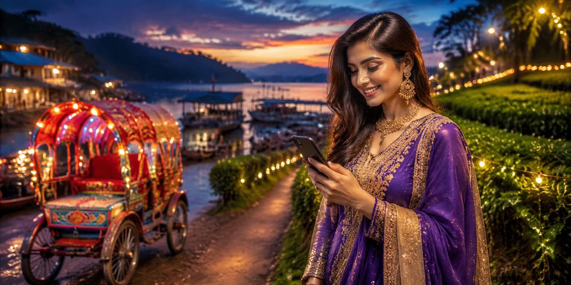 ঢাকায় ঈদ উৎসবের সময় মোবাইলে 77tbajee বোনাস অফার দেখছেন একজন ব্যবহারকারী